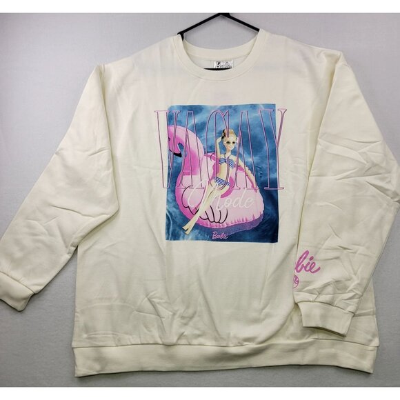 Barbie Vacay Mode 2X Off-White Logo Sweatshirt Pink Flamingo Float Pool - Picture 2 of 9